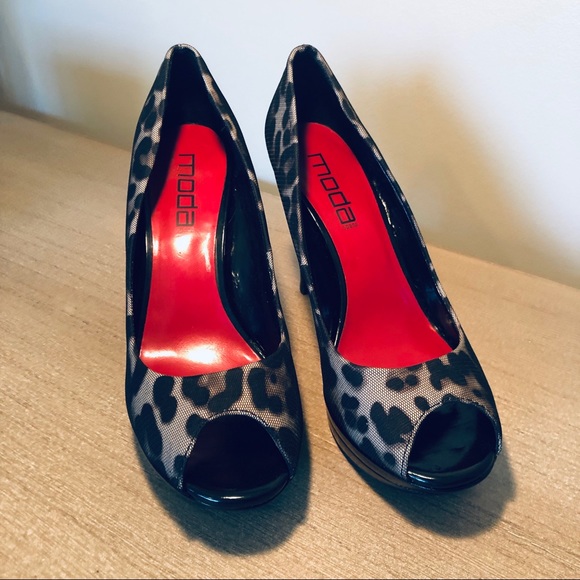 Moda Spana black leopard print peep toe heels sz 8 - Picture 4 of 7